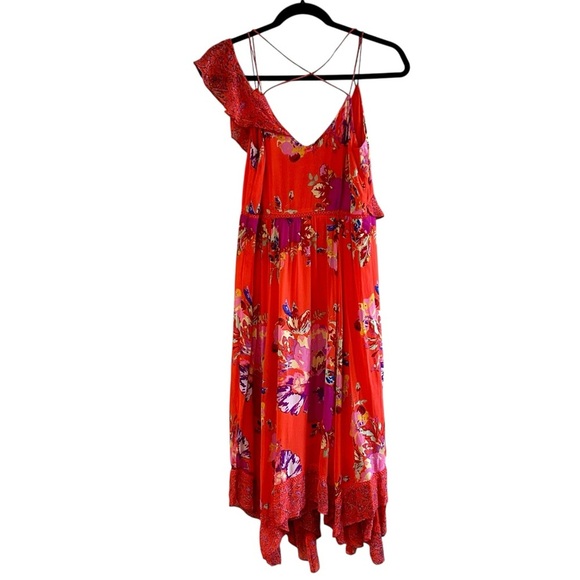 Maeve Grecia Ruffle Midi Dress Sz 0 Red Floral Asymmetrical Flowy Strappy Dress - Picture 5 of 14